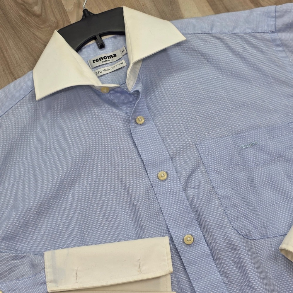 Renoma Paris‎ Dress Shirt Mens Blue White Contrast French Cuff Cotton Vintage